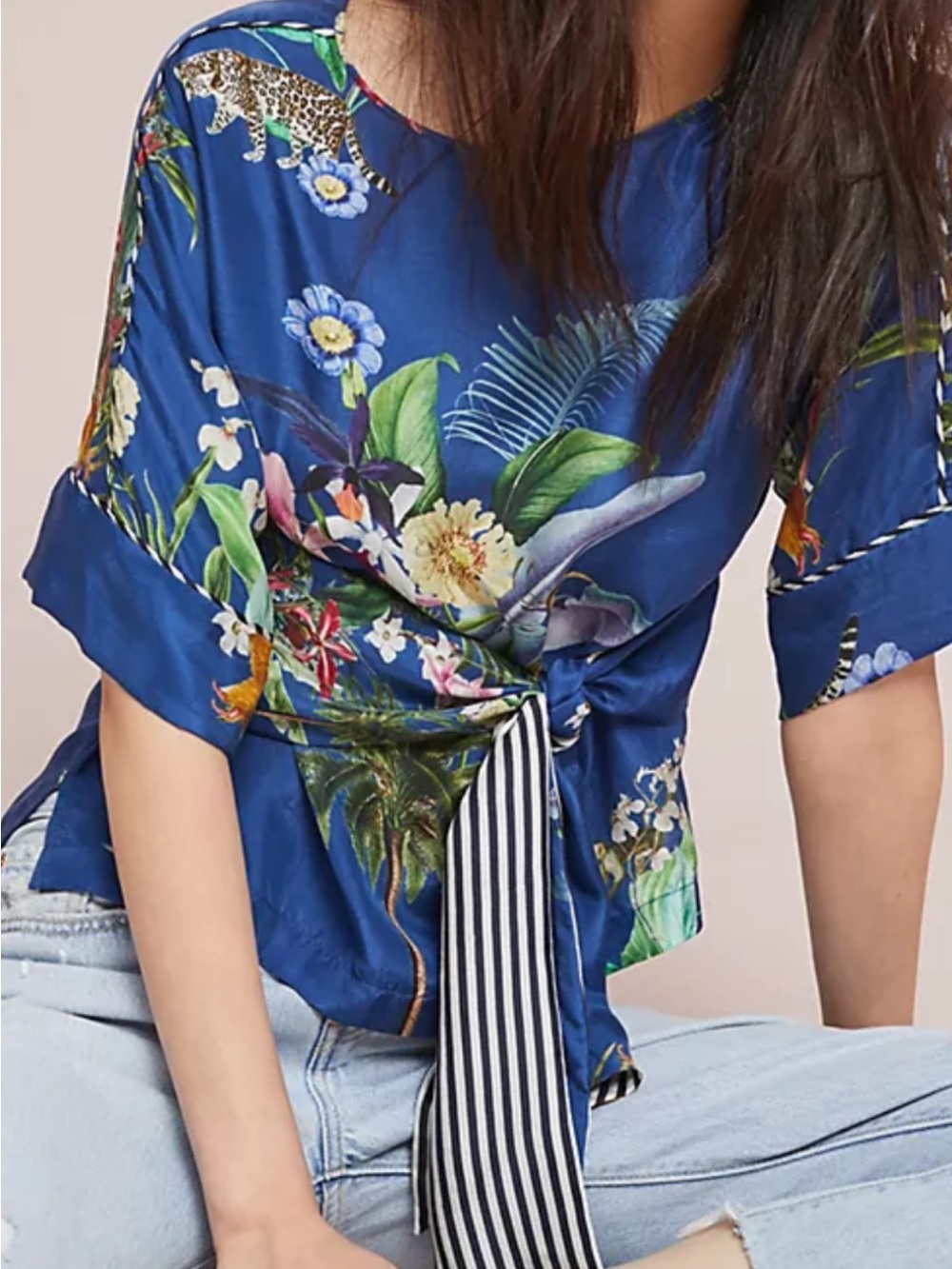 Blue Floral Tie-Front Blouse 100% natural silk.